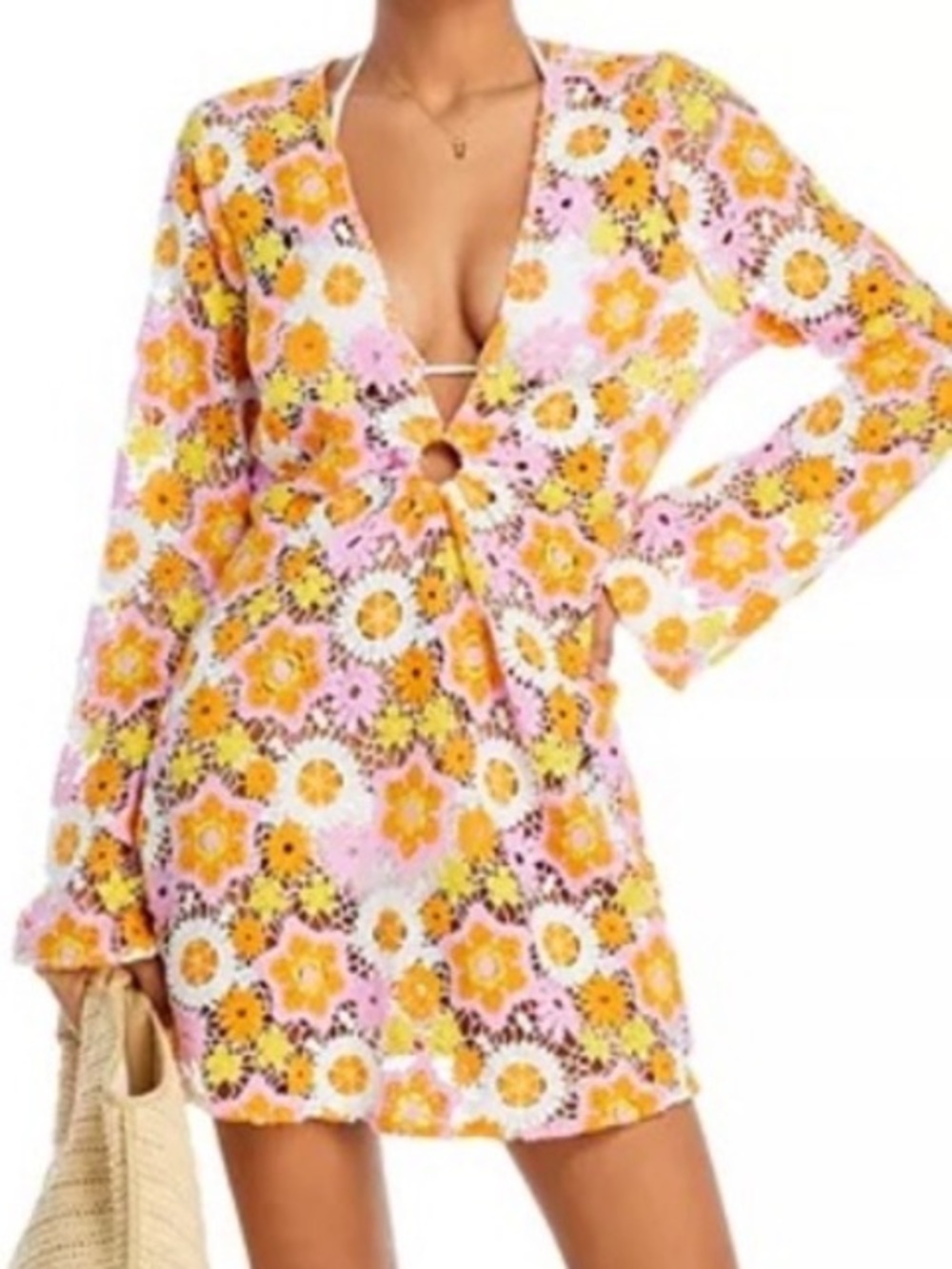 Ramy Brook Pink & Yellow Floral Long Sleeve Mini Dress